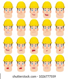 Cartoon Builder Character. Different facial expressions. Emotional set for rigging and animation. Vector illustration in a flat style.