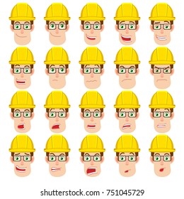 Cartoon Builder Character. Different facial expressions. Emotional set for rigging and animation. Vector illustration in a flat style.
