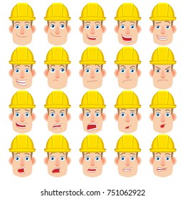 Cartoon Builder Character. Different facial expressions. Emotional set for rigging and animation. Vector illustration in a flat style.