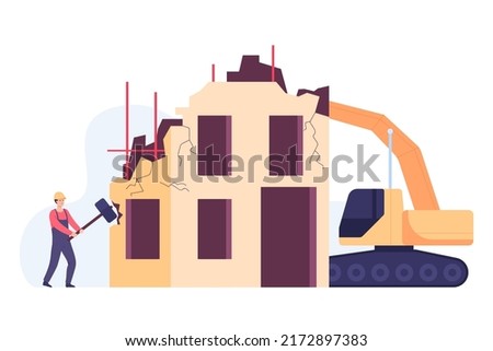 Cartoon builder and excavator destroying old house. Construction site, man demolishing building flat vector illustration. Demolition, destruction, construction concept for banner or landing web page