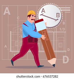 Cartoon Builder Hold Big Pencil Creating New Blueprint Architect Wearing Uniform And Helmet Construction Worker Flat Vector Illustration