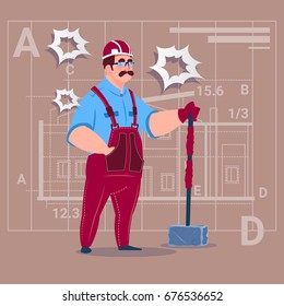 Cartoon Builder Holding Big Hammer Construction Worker Over Abstract Plan Background Male Workman Flat Vector Illustration