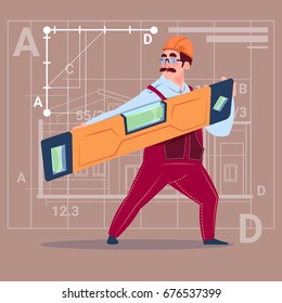 Cartoon Builder Holding Carpenter Level Wearing Uniform And Helmet Construction Worker Over Abstract Plan Background Flat Vector Illustration