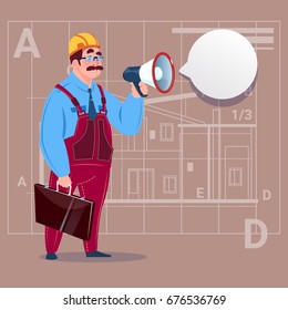 Cartoon Builder Holding Megaphone Making Announcement Construction Worker Over Abstract Plan Background Male Workman Flat Vector Illustration