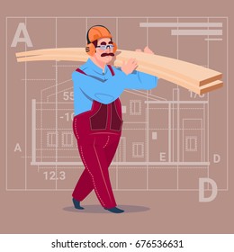 Cartoon Builder Holding Planks Wearing Uniform And Helmet Construction Worker Over Abstract Plan Background Flat Vector Illustration