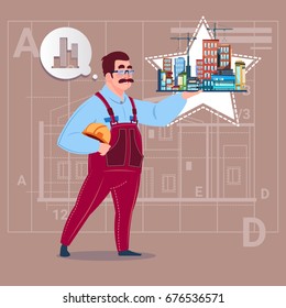 Cartoon Builder Holding Small House Ready Real Estate Over Abstract Plan Background Male Workman Flat Vector Illustration
