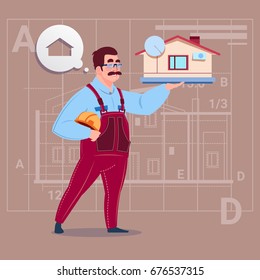 Cartoon Builder Holding Small House Ready Real Estate Over Abstract Plan Background Male Workman Flat Vector Illustration
