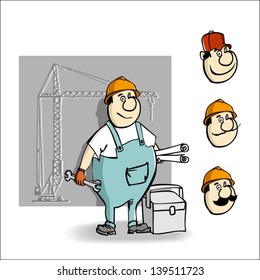 Cartoon builder with a key and drawings for construction. Vector