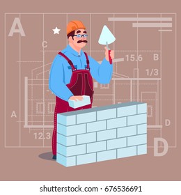 Cartoon Builder Laying Brick Wall Hold Spatula Over Abstract Plan Background Male Workman Flat Vector Illustration