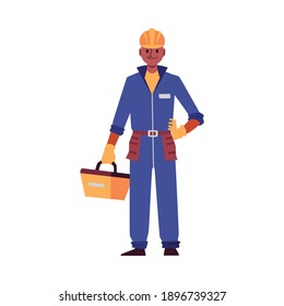 Fabricante de dibujos animados o hombre de mantenimiento con uniforme azul y caja de herramientas de retención de casco y sonrisa - ilustración vectorial plana aislada en fondo blanco.