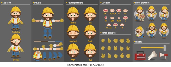 Cartoon builder man in hardhat constructor for animation. Parts of body: legs, arms, face emotions, hands gestures, lips sync. Full length, front, three quater view. Set of ready to use poses, objects