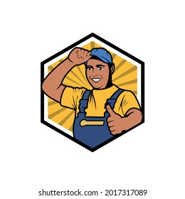 Cartoon Builder Mascot Logo. A builder man character holding a hat. logo templates for business identity architecture, property, real estate, residential solutions, home staging, building engineers, e