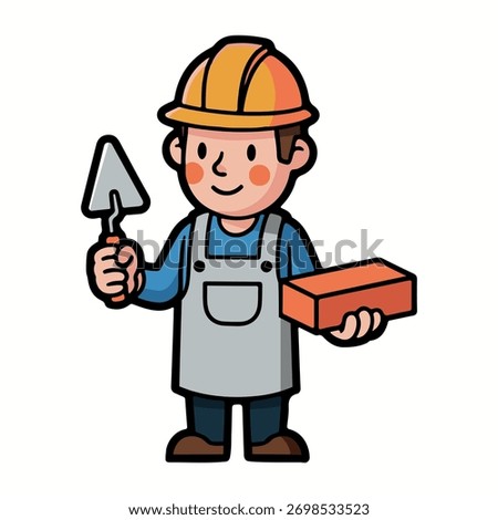 Cartoon builder mason bricklayer with hard hat, trowel, and brick