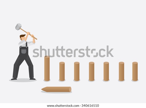 マンガの建築業者が柱を揺らし、尖った木製の柵の柱を地面に打ち込む。平坦な背景にベクターイラスト。