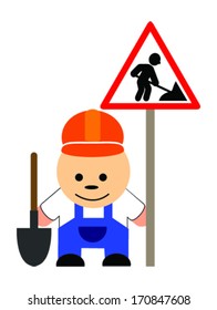 Cartoon builder with under construction sign. Vector.