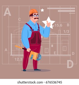 Cartoon Builder Wearing Uniform And Helmet Construction Worker Over Abstract Plan Background Male Workman Flat Vector Illustration