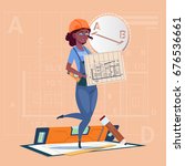 Cartoon Builder Woman Hold Plan Of Building Blueprint Wearing Uniform And Helmet Mix Race Construction Worker Contractor Flat Vector Illustration