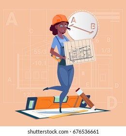 Cartoon Builder Woman Hold Plan Of Building Blueprint Wearing Uniform And Helmet Mix Race Construction Worker Contractor Flat Vector Illustration