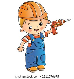 Cartoon builder or worker with drill. Profession. Colorful vector illustration for kids.