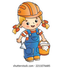 Cartoon builder or worker girl with cement mortar and trowel. Profession. Colorful vector illustration for kids.