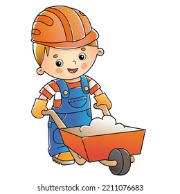 Cartoon builder or worker with hand cart. Profession. Colorful vector illustration for kids.