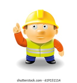 Cartoon builder.
Cartoon worker with his hand raised pointing at the top. Volumetric figure of a person. Vector, 3D, EPS-10.