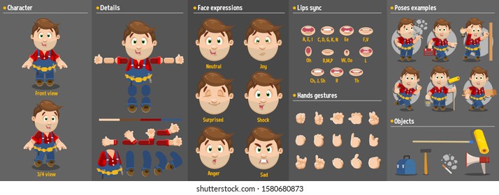 Cartoon builder, worker male constructor for animation. Parts of body: legs, arms, face emotions, hands gestures, lips sync. Full length, front, three quater view. Set of ready to use poses, objects.