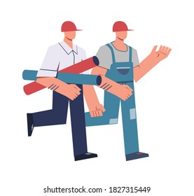 Constructores de caricaturas y arquitectos. Trabajador profesional de la construcción y capitán jefe de casco y uniforme que va con la industria de los tubos, la casa de construcción y la casa de renovación. Caracteres aislados planos vectoriales