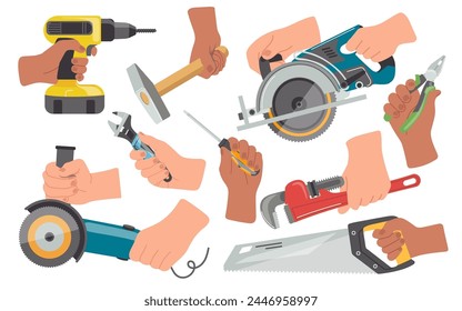 Cartoon builders hands holding different hardware, electric tools and repair instrument isolated set