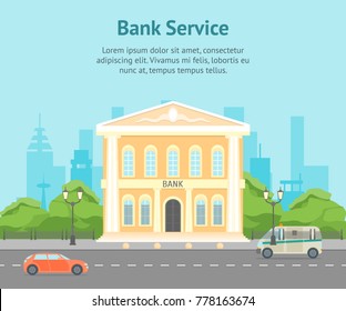 Cartoon Building Bank on a City Landscape Background Card Poster Urban Architecture Exterior Facade Symbols of Finance. Vector illustration