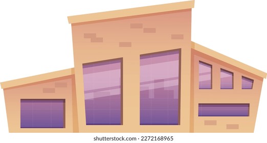 Construcción de caricaturas con resplandor en las ventanas sobre fondo transparente. Vector de caricatura de vista frontal de fachada