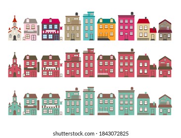 cartoon building / house flat design illustration set (front view)