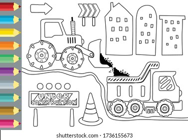 cartoon of building process with construction vehicles, construction elements, coloring book or page