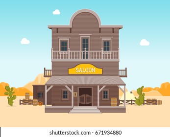 Cartoon Building Saloon on a Wild West Landscape Background Wooden Old House Cowboy Bar Flat Style Design. Vector illustration