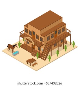 Cartoon Building Saloon on a Wild West Symbol Background Wooden Old House Cowboy Bar Isometric View for Web. Vector illustration