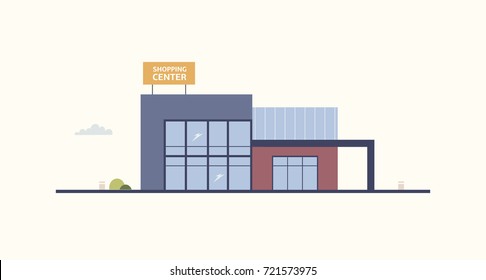 Cartoon building of shopping center or mall with large windows and signboard built in contemporary architectural style. Exterior of department store or shop. Modern urban design. Vector illustration.