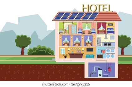 Cartoon Building with Solar Batteries on Roof Vector Illustration. Hotel House Exterior with Solar Panels. Clean Alternative Renewable Energy Production. Green Ecological Technology