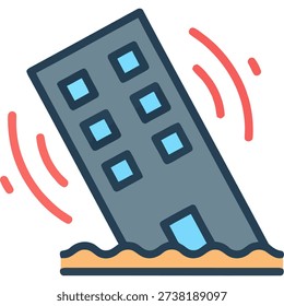 A cartoon building tilts during an earthquake, with red motion lines indicating movement and a wavy ground beneath it.
