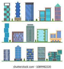 Cartoon Buildings Icons Set Modern Urban Architecture Construction Office or Home Concept Flat Design Style. Vector illustration of Building