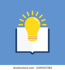 cartoon bulb and book like knowledge icon. flat trend modern brochure info logotype graphic design web element isolated on blue. concept of business literature publishing or bookstore pictogram