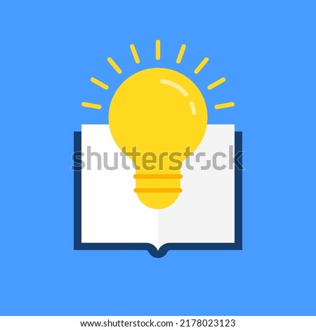 cartoon bulb and book like knowledge icon. flat trend modern brochure info logotype graphic design web element isolated on blue. concept of business literature publishing or bookstore pictogram