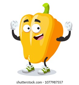cartoon bulgarian bell pepper mascot shows its strength on a white background
