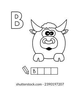 Páginas de coloreo de toros de caricatura. Juego de aprendizaje para niños pequeños - escribe una palabra en inglés. Alfabeto vectorial para niños