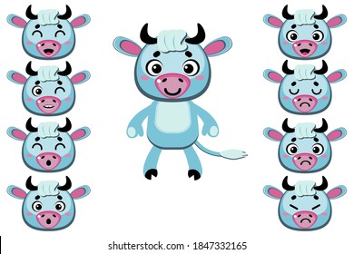 Cartoon bull (cow) and a set of muzzles with different facial expressions. The toy is a symbol of 2021.