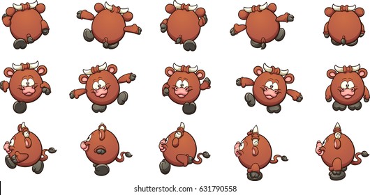 Cartoon bull with different views, ready for animation. Vector clip art illustration with simple gradients. Each on a separate layer. 