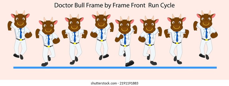 Cartoon Bull As A Doctor, Frame By Frame  Front Run Cycle. Can Be Used For 2D Animation, Motion Graphics, Explanatory Animated Videos, Posters
