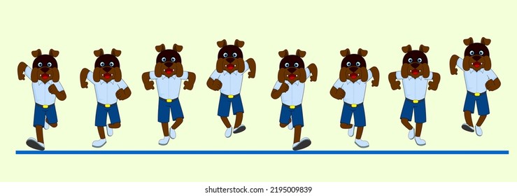 Cartoon Bull Dog Frame by Frame Front Run Cycle, school dress, Vector Illustration, Easy to Edit, Design for Motion graphics, 2D Animation, Infographics, Motion Graphics, Explanatory Videos