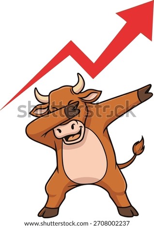 Cartoon bull doing dab pose with red arrow, bullish market symbol, financial growth illustration for investing, stock trading, economy vector art