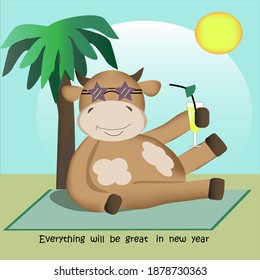 Cartoon bull with greetings and best widhes in new year