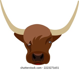 Cartoon bull head. Colored head with horns. Wild animal. Vector illustration.